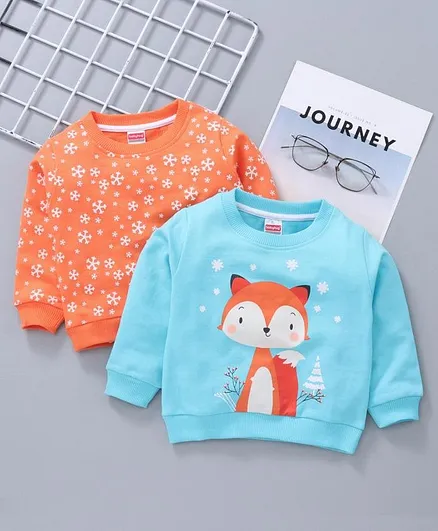 Babyhug Full Sleeves Sweatshirt Animal Print Pack of 2 - Ornage Blue