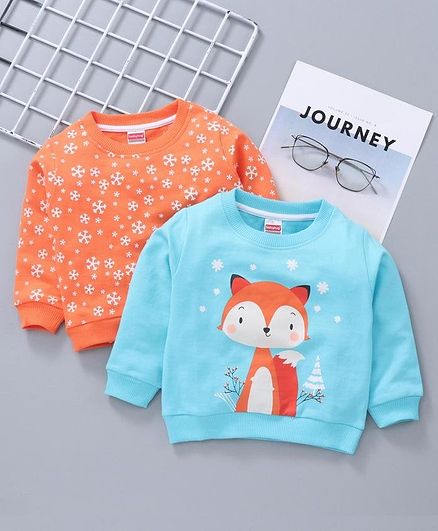 Babyhug Full Sleeves Sweatshirt Animal Print Pack of 2 - Ornage Blue