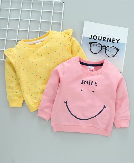 Babyhug Full Sleeves Cotton Sweatshirt Polka Dot Print Pack of 2 - Pink Yellow