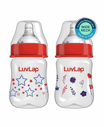 LuvLap Natura Flo Wide Neck Baby Feeding Bottles Pack of 2 Red - 150 ml Each