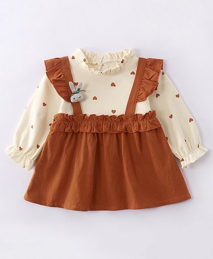 Kookie Kids Peasant Sleeves Printed Frock Bunny Applique - Red