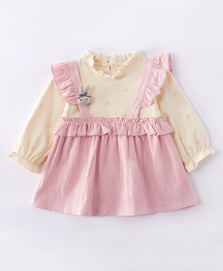 Kookie Kids Peasant Sleeves Printed Frock Bunny Applique - Pink