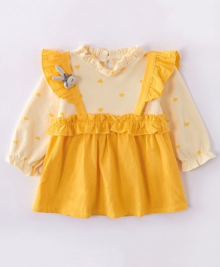 Kookie Kids Peasant Sleeves Printed Frock Bunny Applique - Yellow