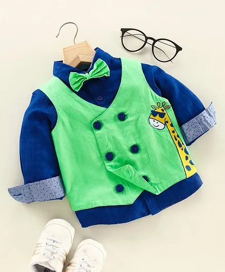 Babyoye Full Sleeves Party Wear Shirt with Giraffe Print Waist Coat and Bow - Green