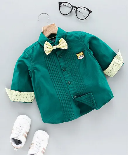 Babyoye Cotton Party Shirt With Bow Tiger Embroidery - Green