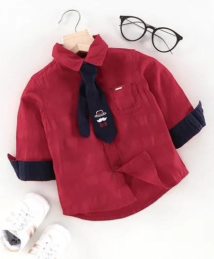 Babyoye Full Sleeves Shirt with Embroidered Tie - Red