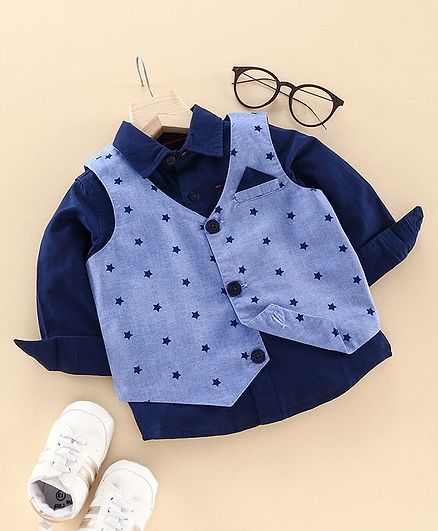 Babyoye Full Sleeves Party Wear Shirt with Star Print Waist Coat - Blue