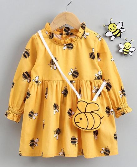 Babyhug Full Sleeves Frock With Hand Bag Honey Bee Print - Yellow