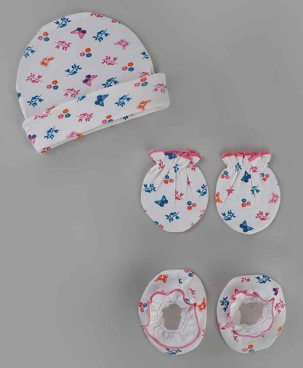 Grandma's Organic Cotton Cap Mittens & Booties Floral Print White - Diameter 11 cm