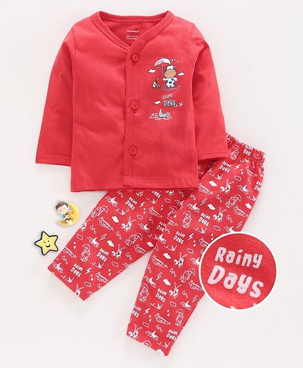 Cucumber Full Sleeves Night Suit Rainy Days Print - Dark Pink