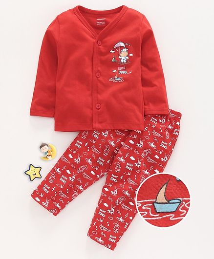 Cucumber Full Sleeves Night Suit Rainy Days Print - Red