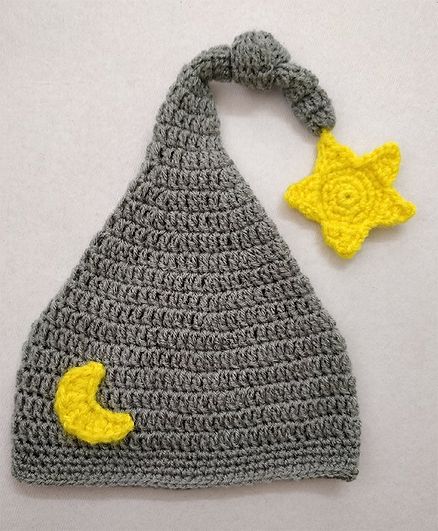 Knit Masters Star Moon Design Top Knot Woolen Cap - Grey