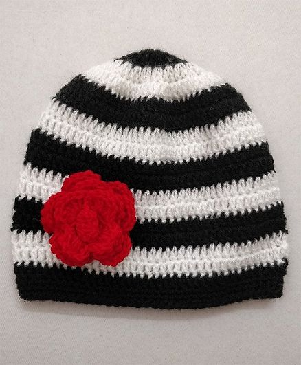 Knit Masters Striped & Flower Design Woolen Cap - Black & White