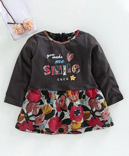 Cucumber Full Sleeves Frock Floral Print - Black