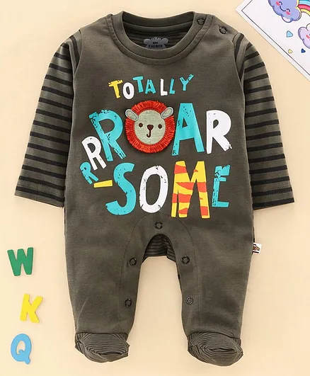 Mini Taurus Full Sleeves Footed Romper Text Print - Green