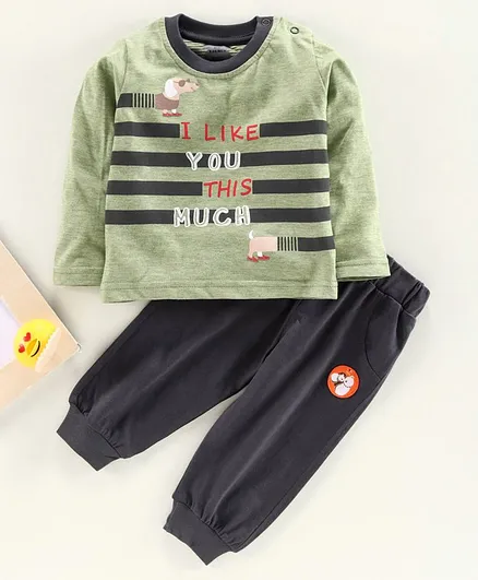 Mini Taurus Full Sleeves Tee & Lounge Pant Text Print - Green