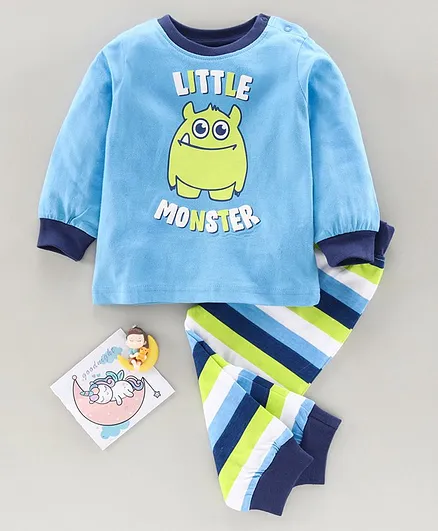 Babyoye Cotton Full Sleeves Night Suit Little Monster Print - Blue Green