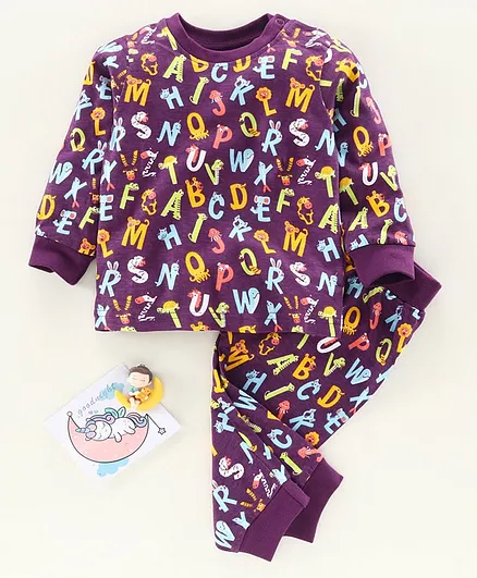 Babyoye Cotton Full Sleeves Night Suit Alphabet Print - Purple
