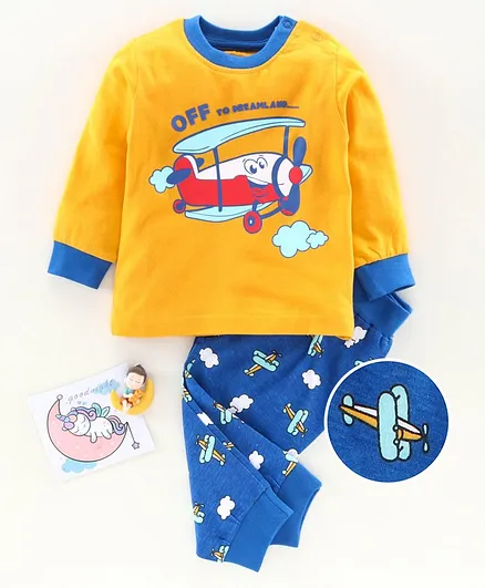 Babyoye Cotton Full Sleeves Night Suit Off to Dreamland Print - Yellow