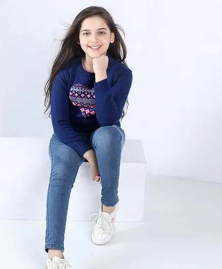 Pine Kids Full Sleeves Pullover Sweater Heart Design - Navy Blue