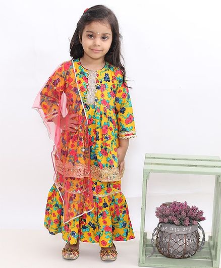 Little Bansi Full Sleeves Floral Print Kurti With Sharara Pants & Dupatta - Yellow