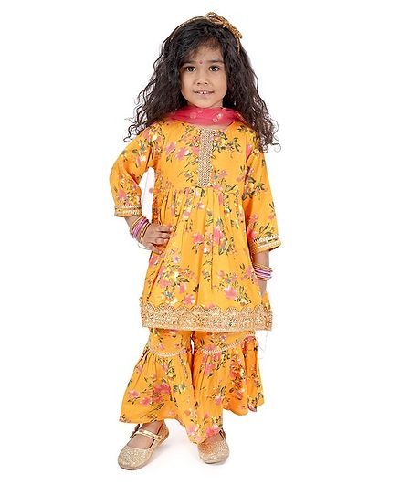 Little Bansi Full Sleeves Floral Print Kurti With Sharara Pants & Dupatta - Yellow