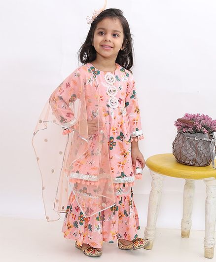 Little Bansi Butterfly Print Full Sleeves Flared Kurti With Sharara & Dupatta - Peach