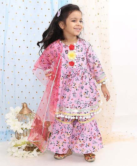Little Bansi Full Sleeves Flower Print Kurti With Sharara & Dupatta - Pink