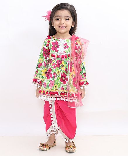 Little Bansi Floral Print Full Sleeves Kurti With Salwar & Dupatta - Red