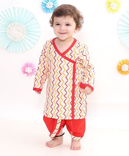 Little Bansi Zig Zig Zamna Style Full Sleeves Kurta With Dhoti - Yellow Red