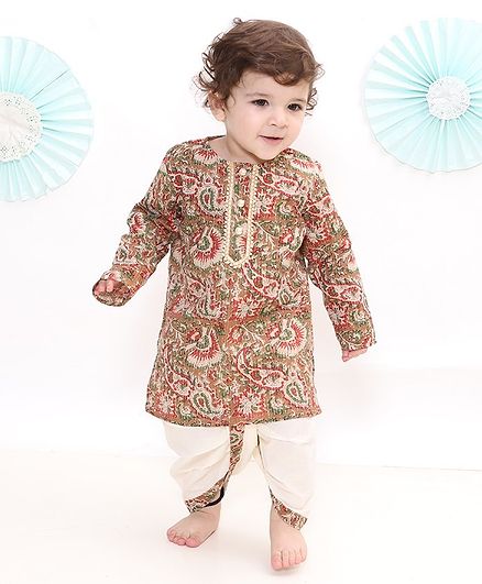 Little Bansi Full Sleeves Jaipuri Style Floral Motif Print Kurta With Dhoti - Brown