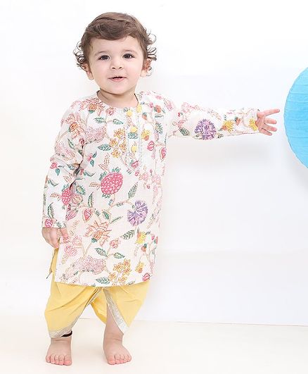 Little Bansi Floral Print Full Sleeves Kurta With Dhoti - White Yellow