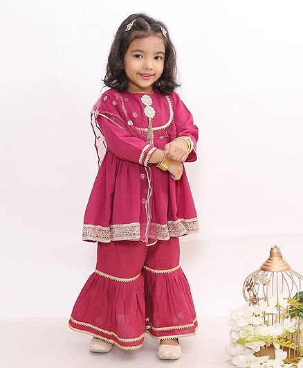 Little Bansi Gota Work Full Sleeves Kurti With Sharara & Dupatta - Maroon