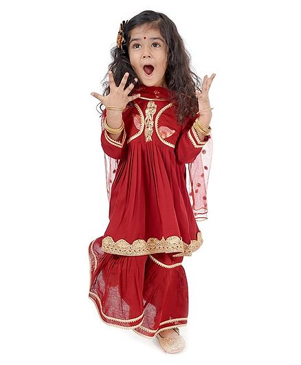 Little Bansi Full Sleeves Leaves Embroidered Kurti With Sharara & Dupatta - Maroon