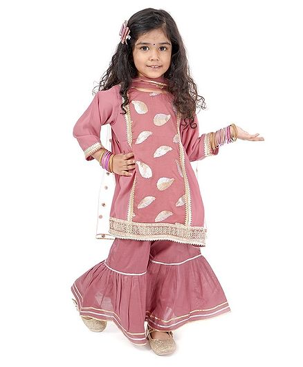 Little Bansi Foil Leaves Print Full Sleeves Kurti With Sharara & Dupatta - Pink
