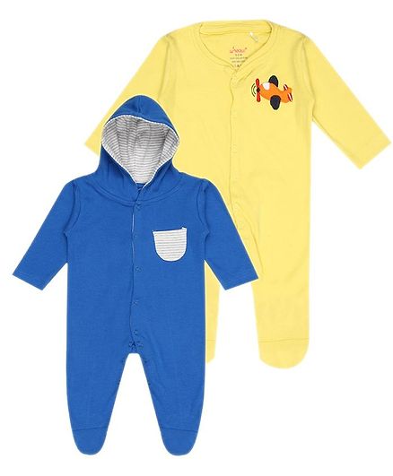 whaou Aeroplane Embroidered Full Sleeves Pack Of 2 Footed Rompers - Yellow & Blue