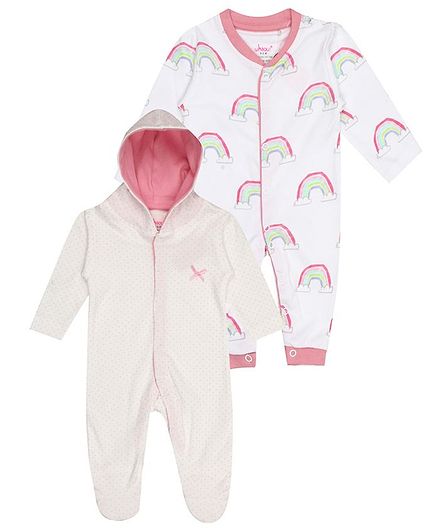 whaou Rainbow Print Pack Of 2 Footed Rompers - White & Pink