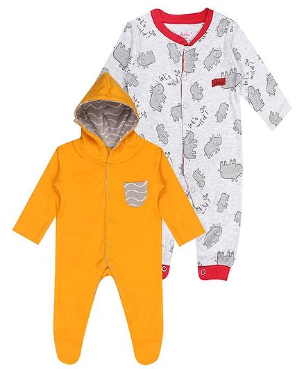 whaou Printed Full Sleeves Pack Of 2 Footed Rompers - Yellow & Grey