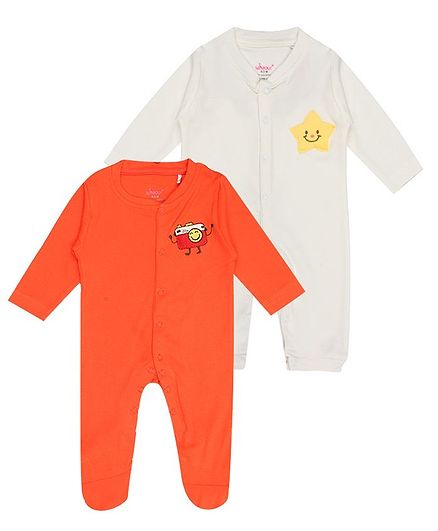 whaou Full Sleeves Camera Patch Pack Of 2 Rompers - Orange & White