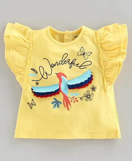 Babyoye Flutter Sleeves Top Bird Patch - Yellow