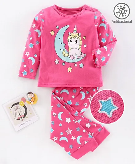 Babyoye Full Sleeves Night Suit Unicorn Print - Pink