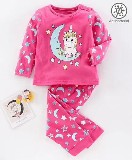 Babyoye Full Sleeves Night Suit Unicorn Print - Pink