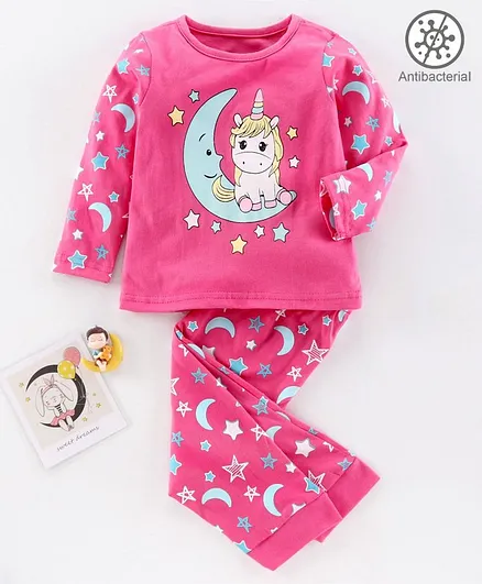Babyoye Full Sleeves Night Suit Unicorn Print - Pink