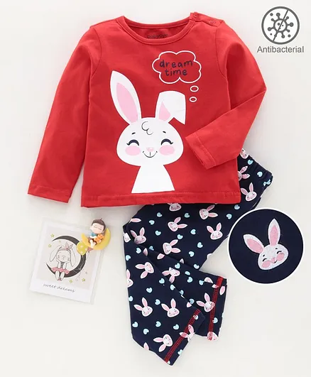 Babyoye Full Sleeves Anti Bacterial Night Suit Bunny Print - Red Navy Blue