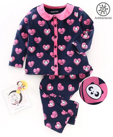 Babyoye Full Sleeves Anti Bacterial Night Suit Heart & Panda Print - Blue