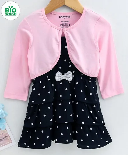 Babyoye Singlet Sleeves Layered Frock with Shrug Polka Dot Print - Navy Blue