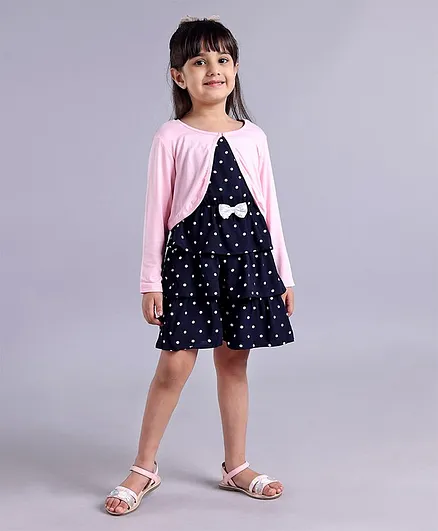Babyoye Singlet Sleeves Layered Frock with Shrug Polka Dot Print - Navy Blue