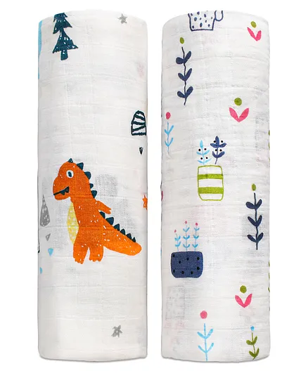 Zoe Premium Organic Muslin Cotton 2 Layer Multipurpose Wrapper Dino & Tree Print Pack of 2 - Multicolor