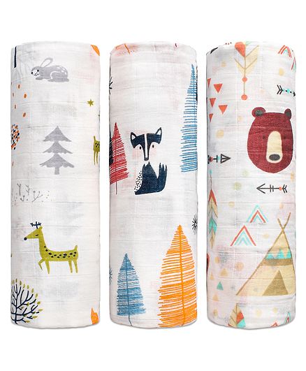 Zoe Premium Organic Muslin Cotton 2 Layer Multipurpose Wrapper Animal Print Pack of 3 - Multicolor