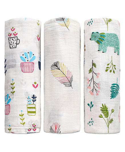 Zoe Premium Organic Muslin Cotton 2 Layer Multipurpose Wrapper Forest Print Pack of 3 - Multicolor